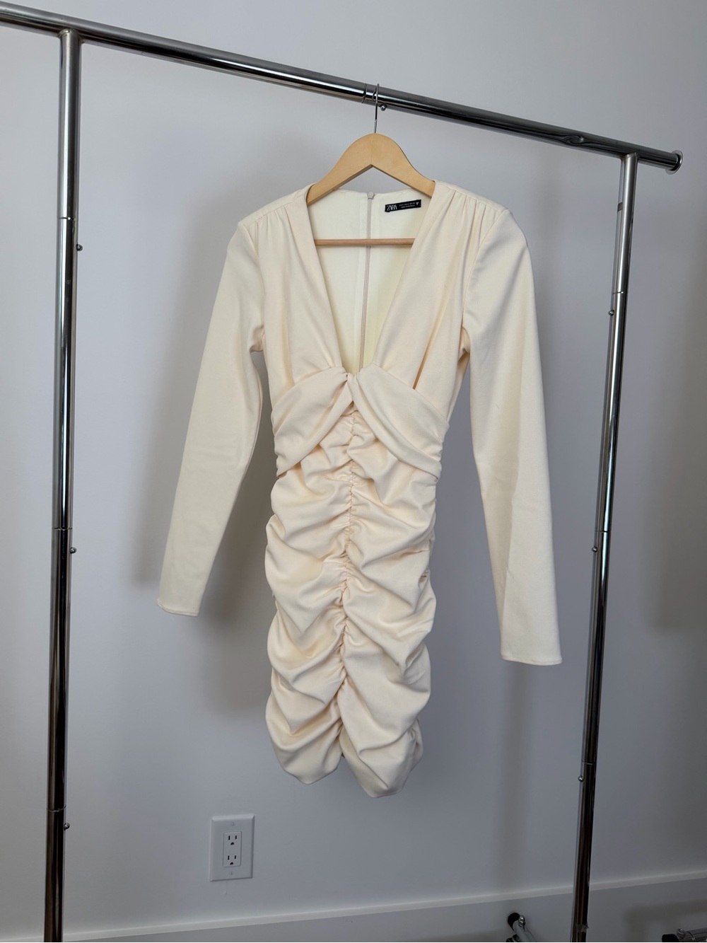 Zara Cream Ruched Long-Sleeve Mini Dress